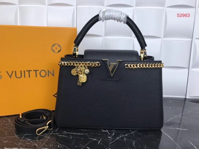 Knockoff Top Louis Vuitton Original Leather CAPUCINES PM M52963 Black JH00875wV33